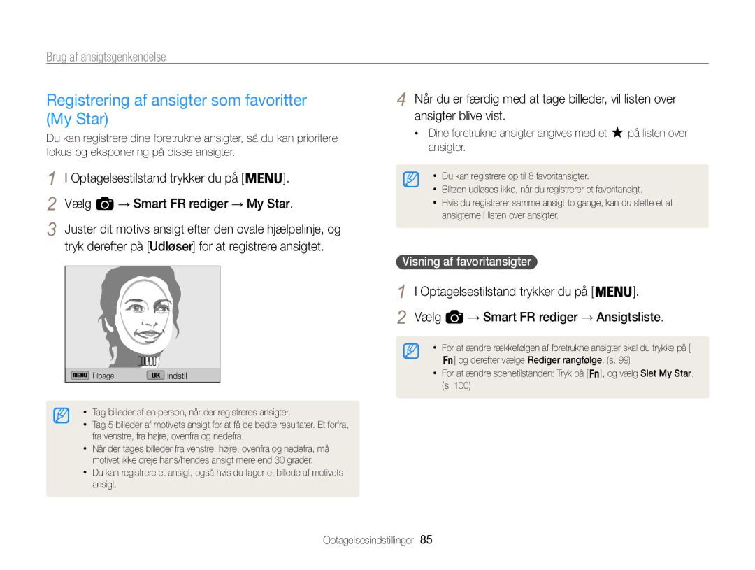 Samsung EC-WB850FBPBE2 manual Registrering af ansigter som favoritter My Star, Ansigter, Visning af favoritansigter  